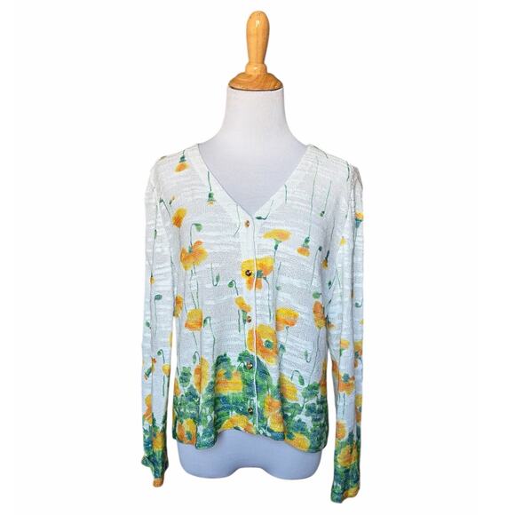 St. John Sport Floral Light Weight Knit Gold-Tone Button Cardigan Sz L Whimsical